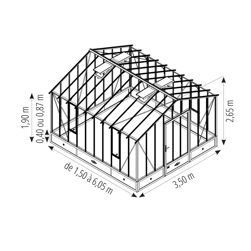Serre CLASSIQUE largeur 3,50 m sur embase aluminium