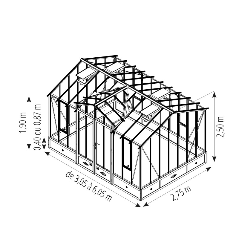 Serre CLASSIQUE largeur 2,75 m avec chien-assis sur embase aluminium