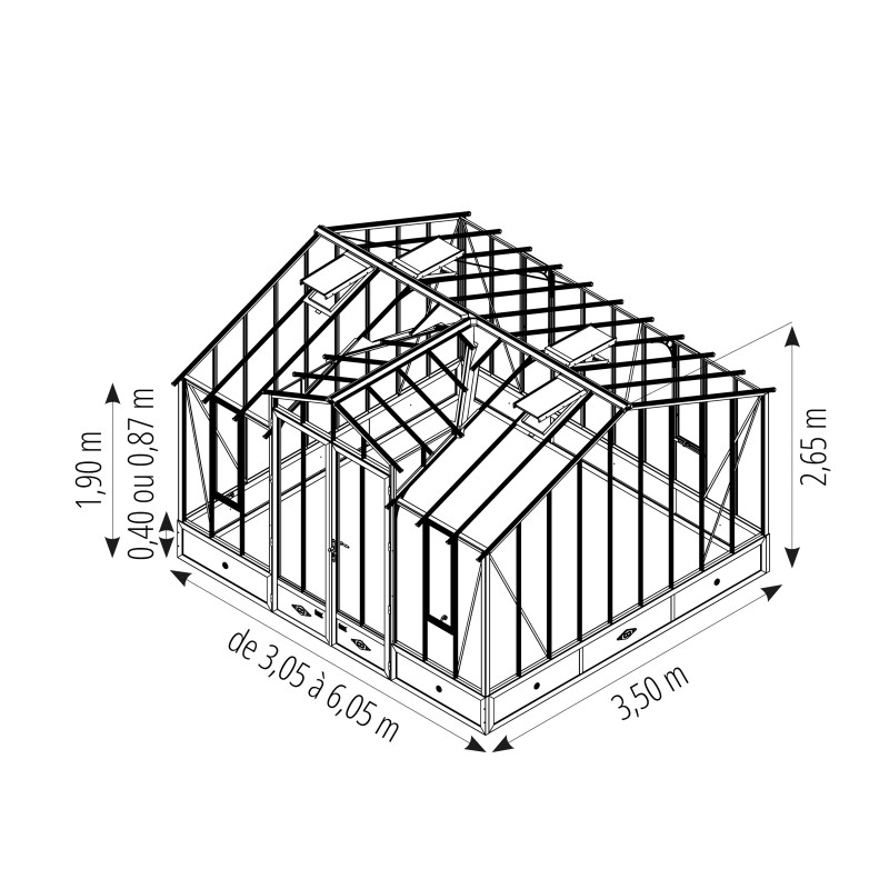 Serre CLASSIQUE largeur 3,50 m avec chien-assis sur embase aluminium