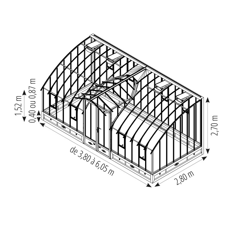 Serre MIRABEAU largeur 2,80 m sur embase aluminium