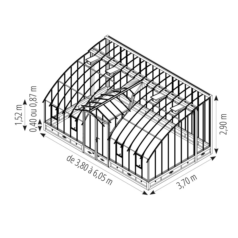 Serre MIRABEAU largeur 3,70 m sur embase aluminium