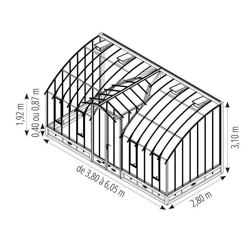 Serre MONTESQUIEU largeur 2,80 m sur embase aluminium