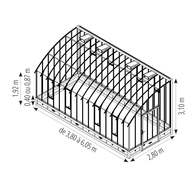 Serre VERSAILLES largeur 2,80 m sur embase aluminium