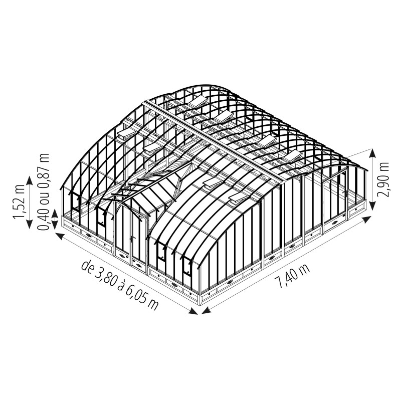 Serre AMBOISE largeur 7,40 m sur embase aluminium