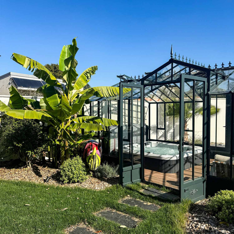 Serre CLASSIQUE largeur 3,50 m avec chien-assis sur embase aluminium