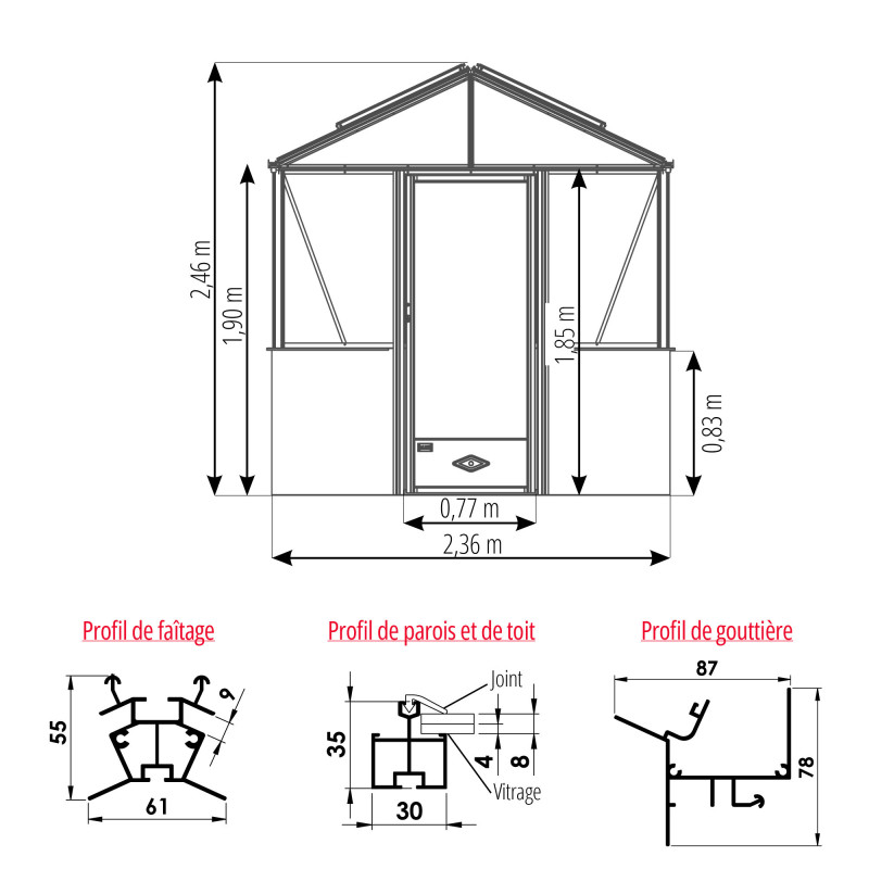 Serre LUXIA sur Muret Largeur 2,36 m