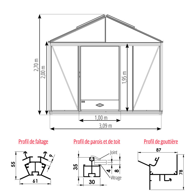 Serre LUXIA sur Muret Largeur 3,09 m