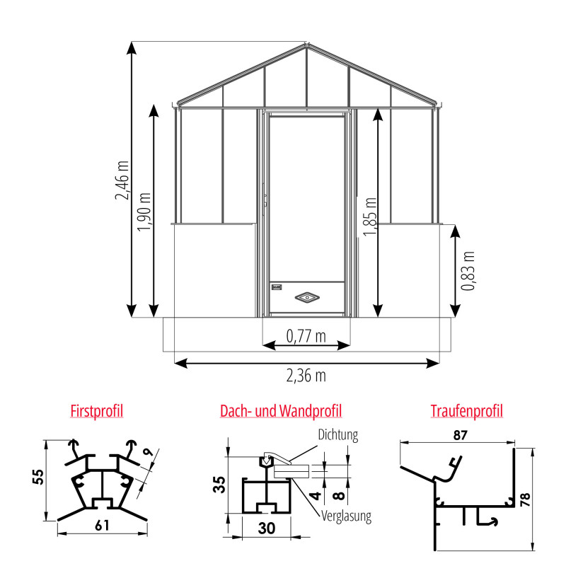Serre LUXIA Rétro sur Muret largeur 2,36 m