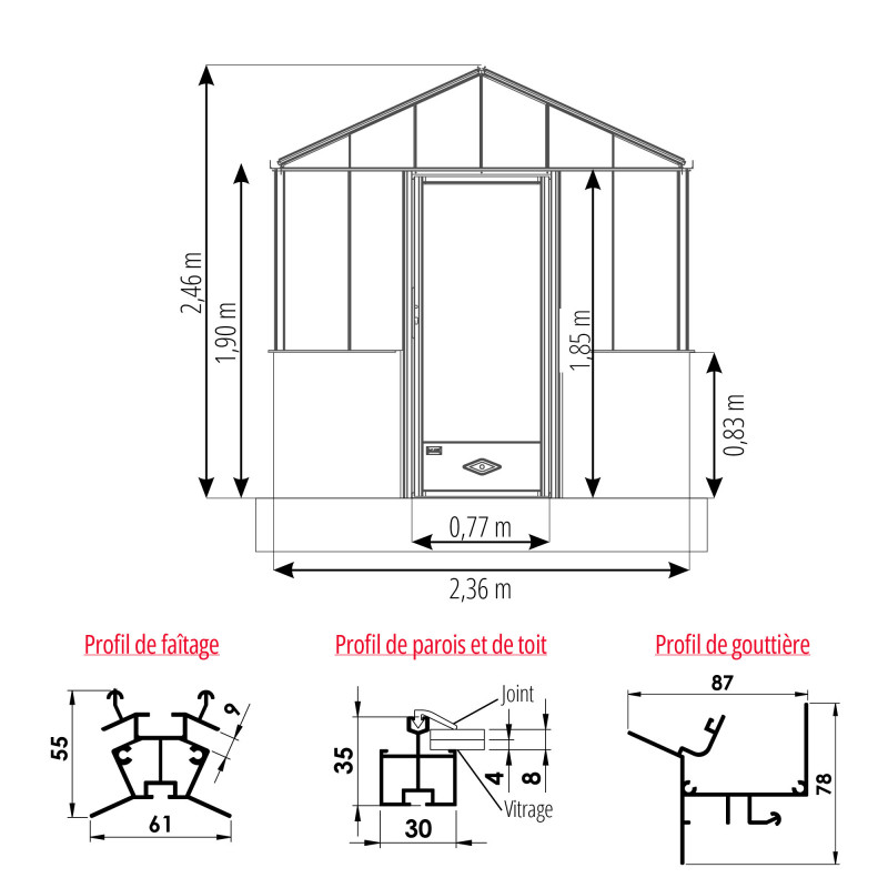 Serre LUXIA Rétro sur Muret largeur 2,36 m