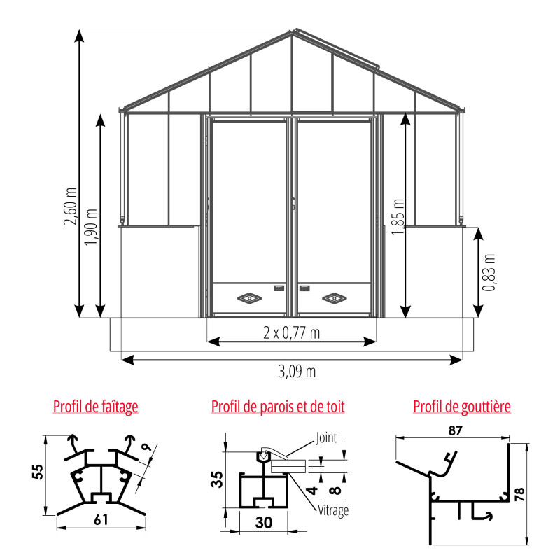 Serre LUXIA Rétro sur Muret largeur 3,09 m