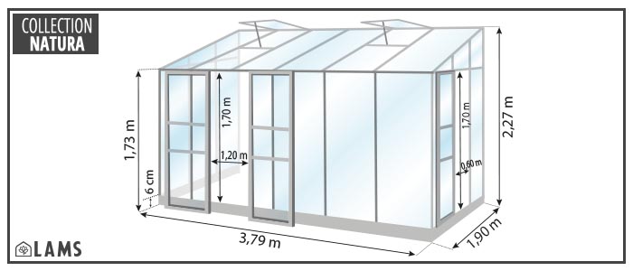 SERRE À L' ANCIENNE CLASSIQUE 3,50 M AVEC CHIEN-ASIS SUR MURET​